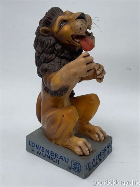 Vintage Antique Lowenbrau Munich Mascot Lion Statue Holds A Bottle Of
