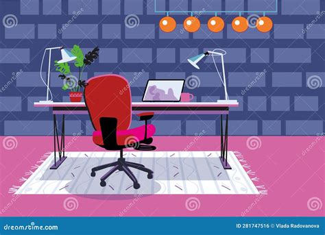 office desk with laptop lamp coffee and indoor plant stock vector illustration of house