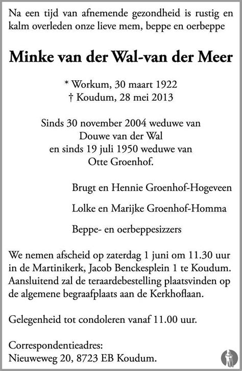 Minke Van Der Wal Van Der Meer 28 05 2013 Overlijdensbericht En