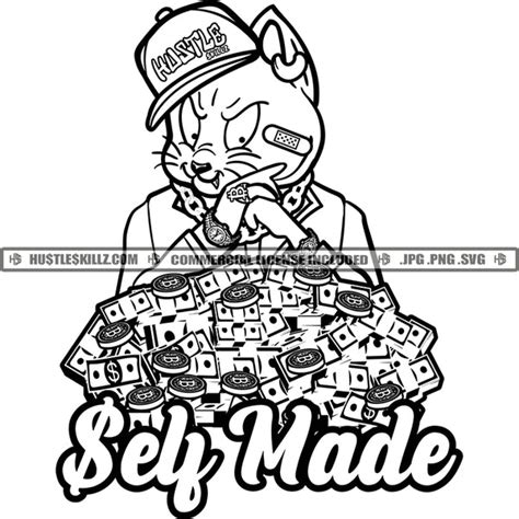 Self Made Gangster Cat Money Stacks Boss Hustler Grind Logos Black And