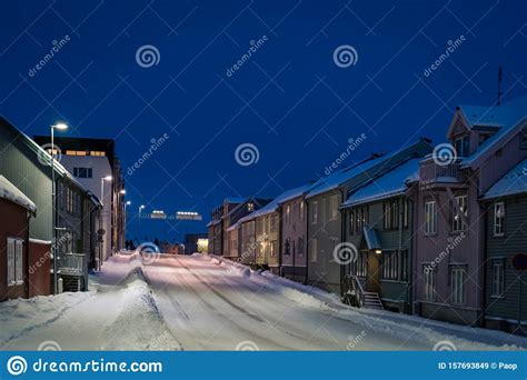 Snow Covered Town Street In Tromso Stock Image Image Of Seasonal