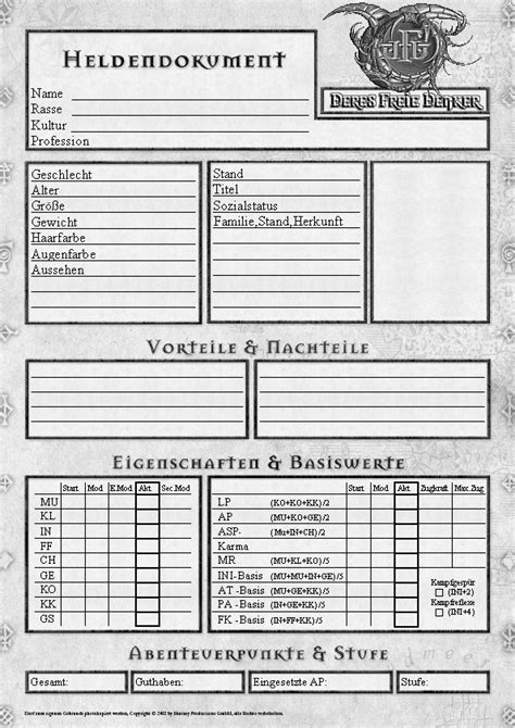 Warhammer fantasy grundregelwerk pen and paper. Chara.Blätter DSA 4.0 - Orkenspalter