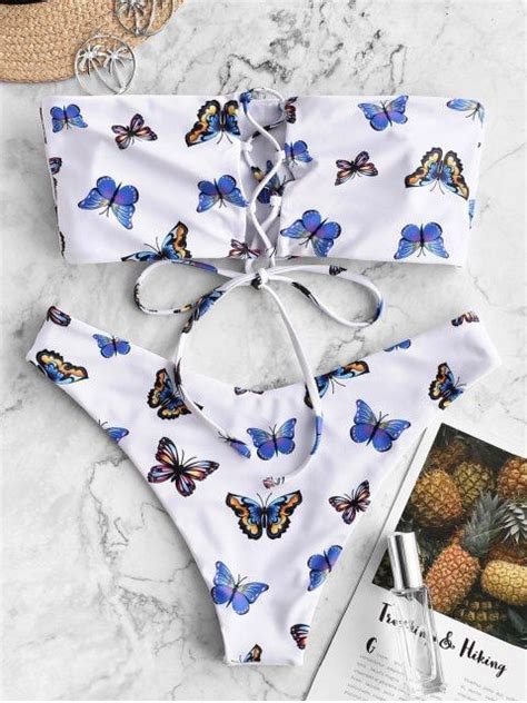 Zaful Butterfly Print Lace Up Bandeau Bikini Swimwear Light Blue Light