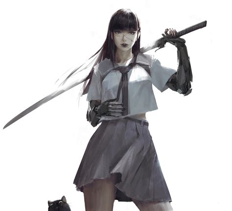 Wallpaper Anime Girls Illustration Simple Background Cat Samurai Sword Black Hair