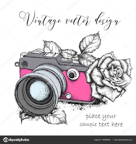 Hand Drawn Vintage Camera With Roses Vector Illustration Stock Vector