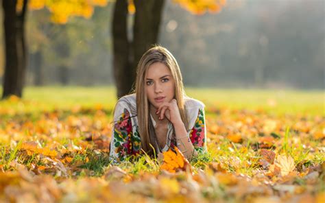 Wallpaper Sunlight Forest Fall Leaves Women Outdoors Blonde Depth Of Field Long Hair