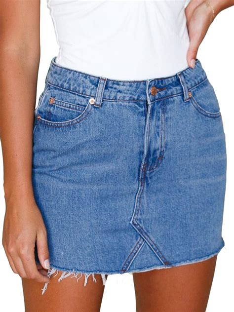 Just Quella Womens High Waisted Jean Skirt Fringed Slim Fit Denim Mini Skirt • Denim Fit