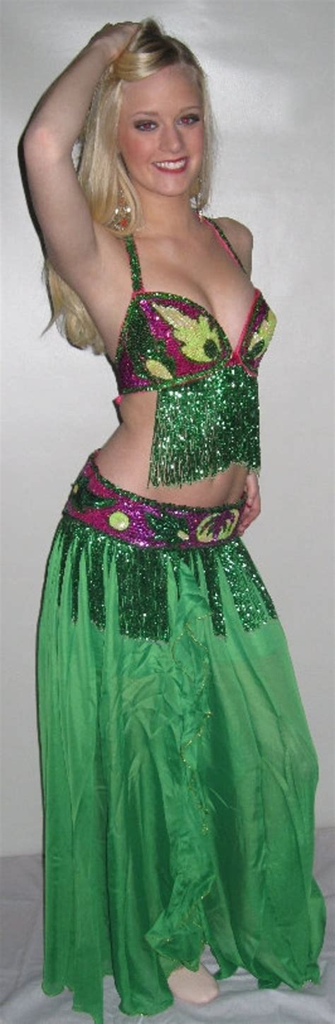 On Sale Hand Made Green And Fuchsia Cabaret Belly Dance Costume