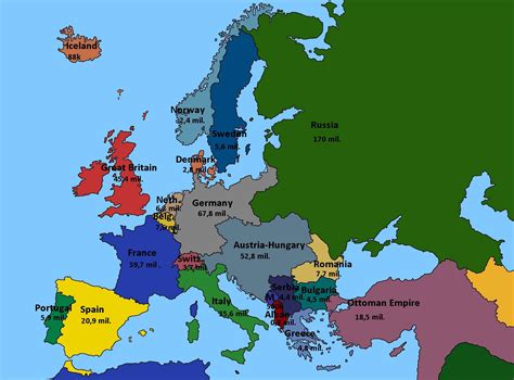 Map of Europe 1914 showing showing countries population (without colonies) : europe