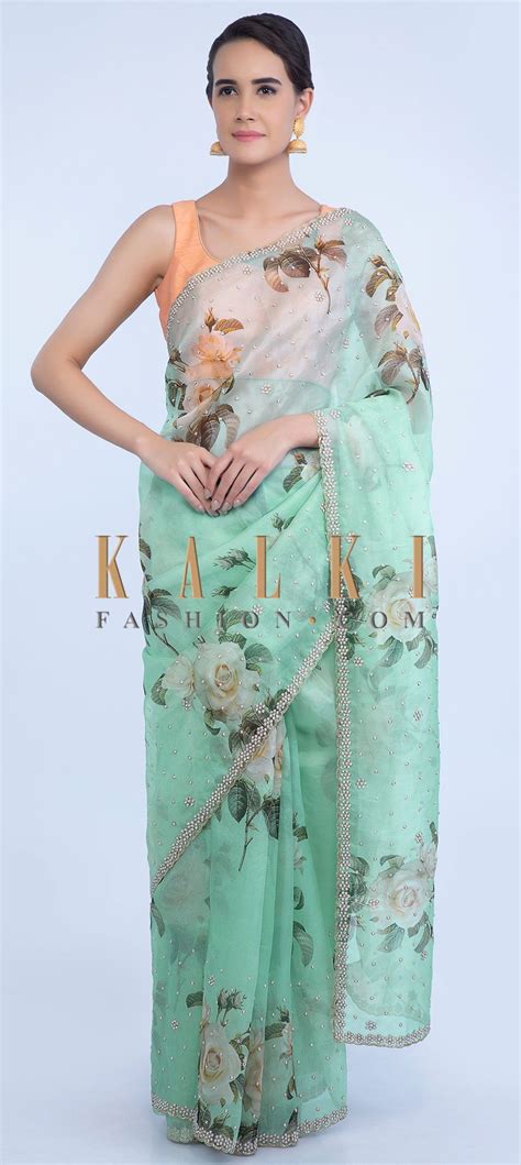 Mint Green Saree In Organza Linen With Floral Digital Print Online Kalki Fashion Saree