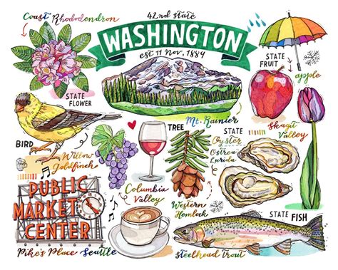Washington State Print Illustration The Evergreen State Etsy In