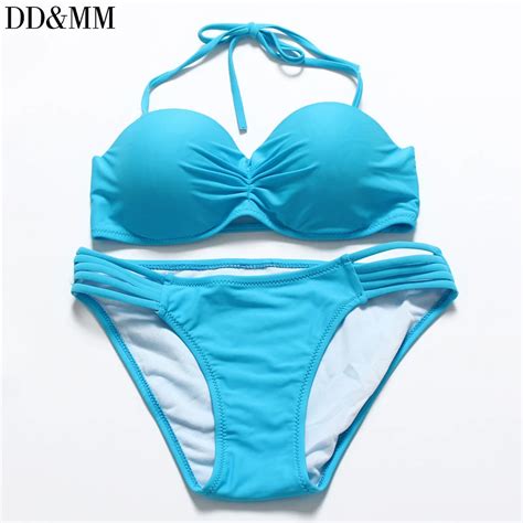 buy ddandmm brand bikini set women solid bandeau halter bikinis swimwear push up