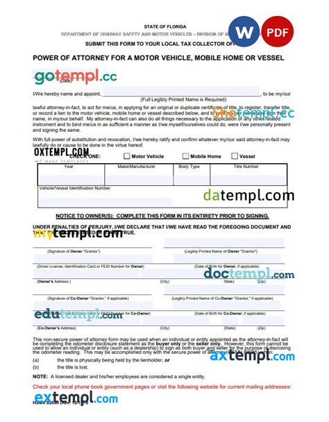Florida Motor Vehicle Power Of Attorney Template Fully Editable