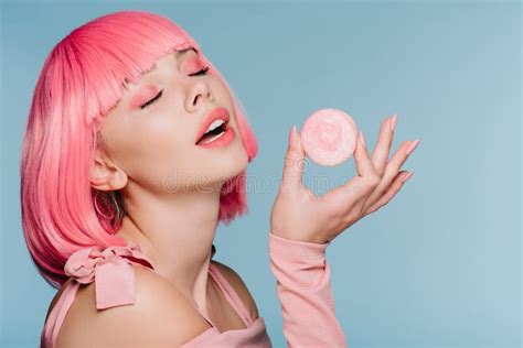 Seductive Girl In Pink Wig Posing With Macaron Isolated Stock Image Image Of Sensuality