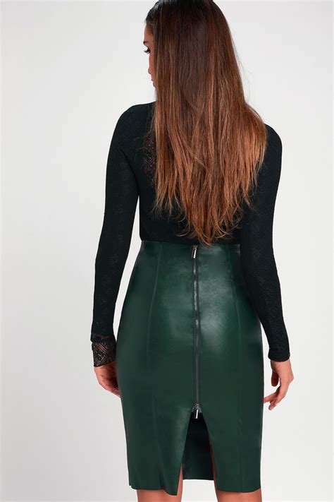 sexy forest green vegan leather skirt midi skirt pencil skirt