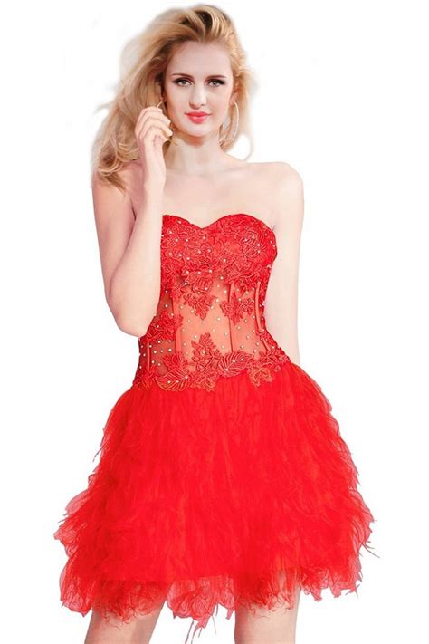 Lovely Ball Strapless Short Red Tulle Lace Corset Cocktail Prom Dress