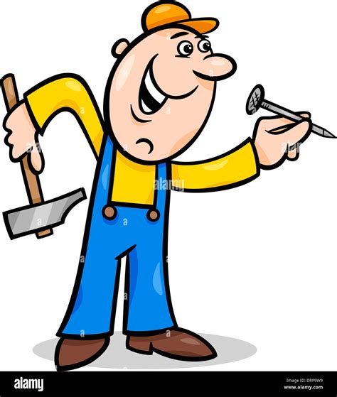 Cartoon Illustration Of Worker With Hammer And Nail Doing Renovation