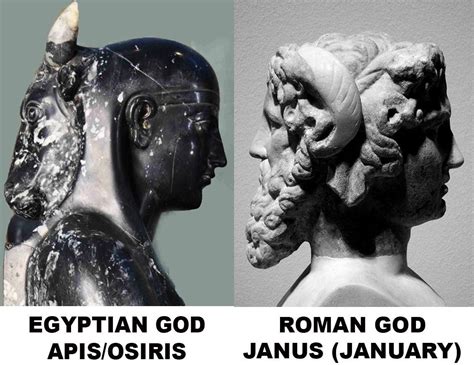 Two Statues With The Words Egyptian God And Roman God