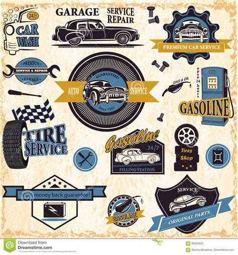 Set Of Retro Vintage Car Labels Stock Vector Illustration Of Parts