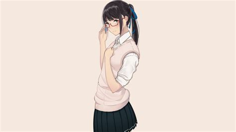 X X Glasses Anime Girl Original Anime Skirt Smile Blue Eyes Black