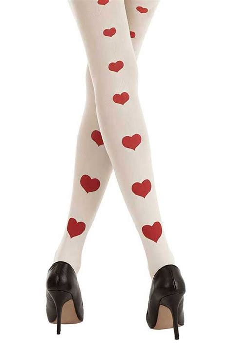 Love Story Back Line Of Hearts Print Tights White And Red 2 Heart