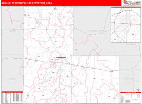 Abilene Tx Metro Area Zip Code Wall Map Red Line Style By Marketmaps