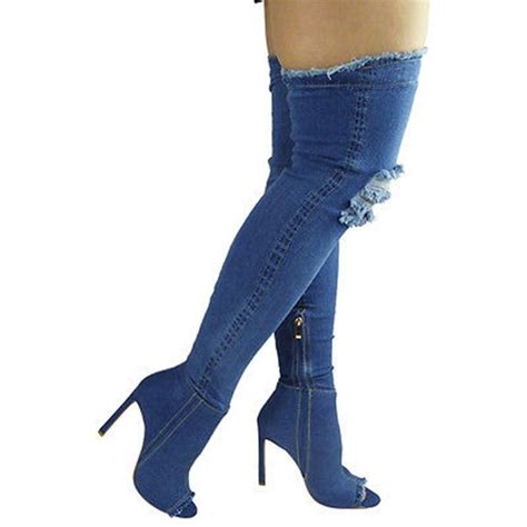 Buy Sexy Women Over The Knee High Boots Denim High Heels Boots Female Jeans Shoes At Affordable