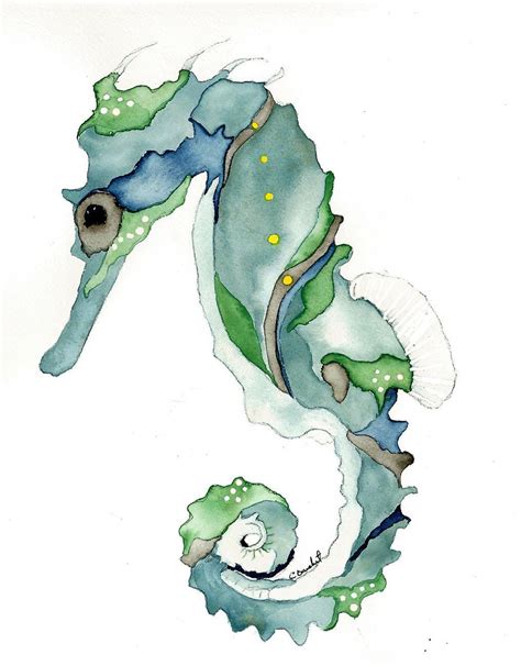 Watercolor Print Of Blue And Green Seahorse From Original Painting