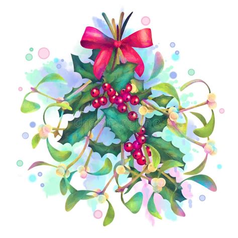 Watercolor Christmas Mistletoe And Holly Bouquet Stock Illustration