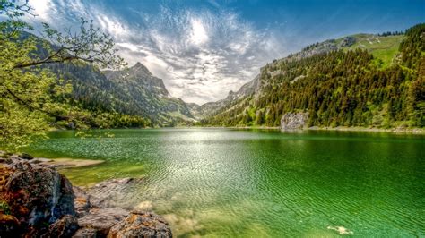 Nature Landscape Lake Mountain Forest Clouds Summer Emerald Water Switzerland