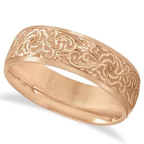 Hand Engraved Flower Wedding Ring Wide Band 14k Rose Gold 7mm Papps21206