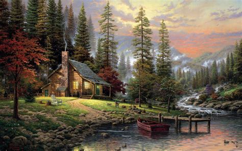 1920x1080 Painting Cottage Canoes River Fishing Forest Chimneys Thomas