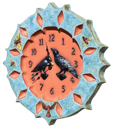 Ravens And Crows Ceramic Art Rustic Wall Clock With Turquoise Glaze On