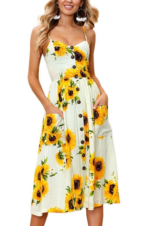 Angashion Womens Dresses Summer Floral Bohemian Spaghetti Strap Button Down Swing Midi Dress