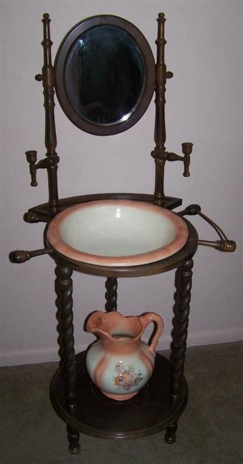 Antique Wooden Wash Basin Stand With Mirror And Candlestick Holder