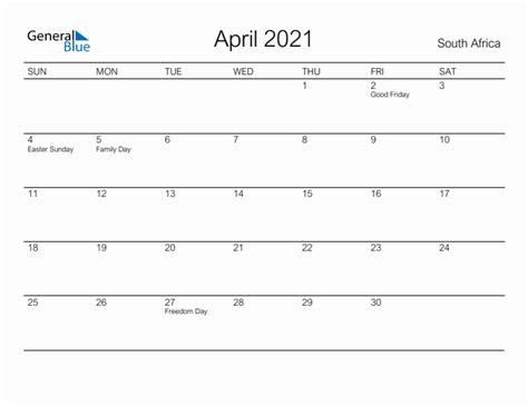 Printable April 2021 Monthly Calendar With Holidays For South Africa