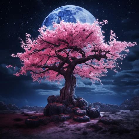 Árbol De Sakura Con La Luna Al Fondo Foto Premium