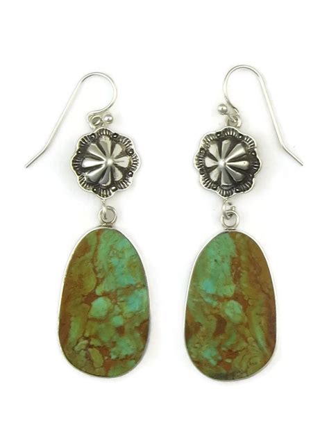 Sterling Silver Concho Turquoise Slab Earrings By Ronald Chavez