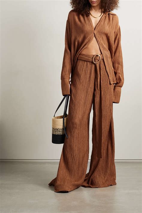 Camel NET SUSTAIN Tayen Belted Crinkled Peace Silk And Bamboo Blend Wide Leg Pants SAVANNAH