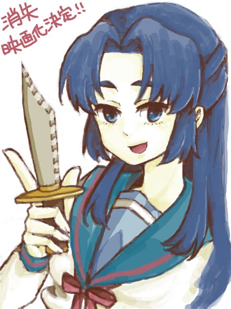 Safebooru Asakura Ryouko Blue Eyes Blue Hair Knife Suzumiya Haruhi No