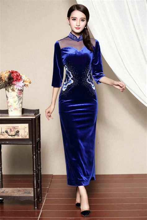 Wonderful Embroidery Velvet Cheongsam Qipao Dress Blue Qipao Cheongsam Dresses Women