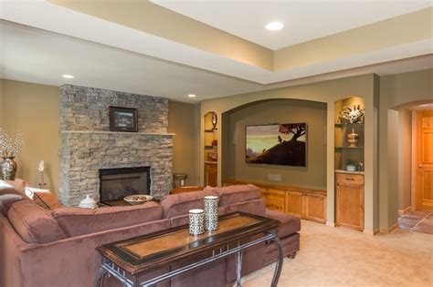 Basement Home Theater With Fireplace Traditional Basement
