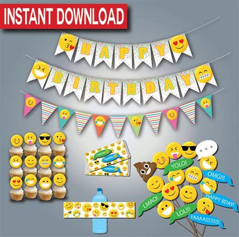 Emoji Birthday Party Supplies Instant Download Printable Digital Files Emoticon Party Emoji
