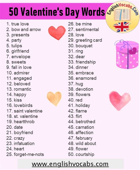50 Valentines Day Words List Valentines Day Vocabulary English Vocabs