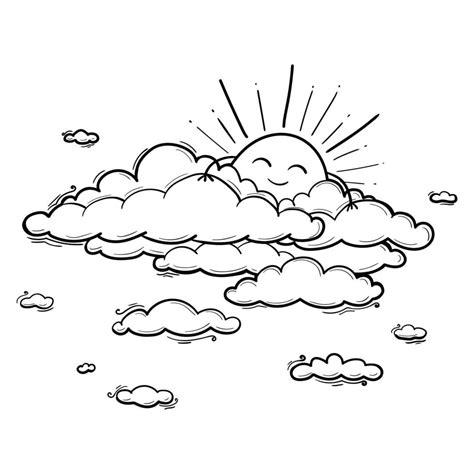 Dibujo De Sol Y Nubes En Estilo De Contorno De Grabado Ilustración