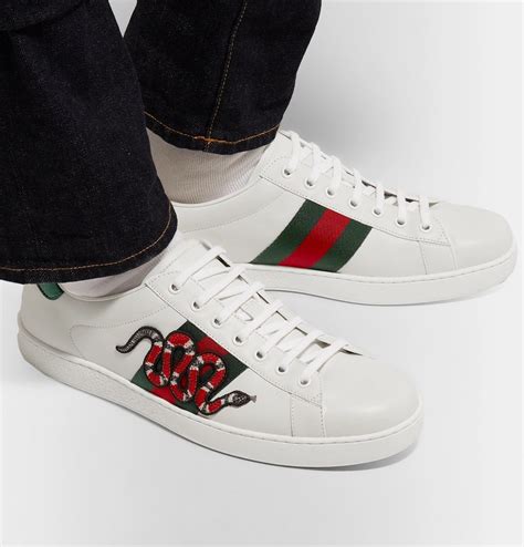Gucci Ace Watersnake Trimmed Appliquéd Leather Sneakers Men White