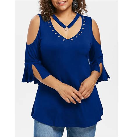 Plus Size Summer Fashion Casual Rivet Tops Blouse Cold Shoulder Tee Top