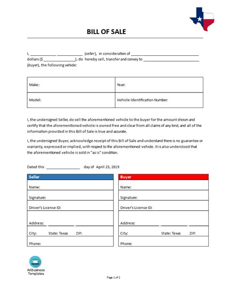 Free Bill Of Sale Texas Template Printable Templates