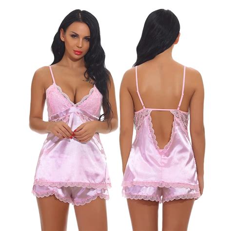 Summer Sexy Pajamas Sleepwear For Women Sleeveless Spaghetti Strap Nightwear Lace Trim Satin
