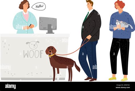 Veterinary hospital. Queue pet owners with dogs and cats. Animals